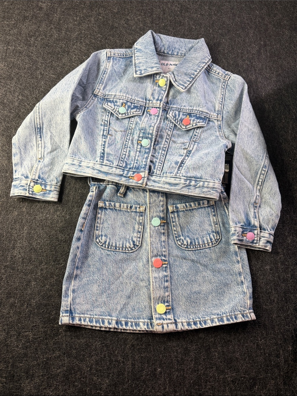 Old Navy Light Blue Denim‎ Jacket and Skirt Set with Multicolor Buttons sz 5 t
